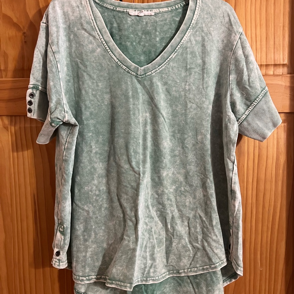 Jane and Delancey Washed Sage V-Neck Short Sleeve Top